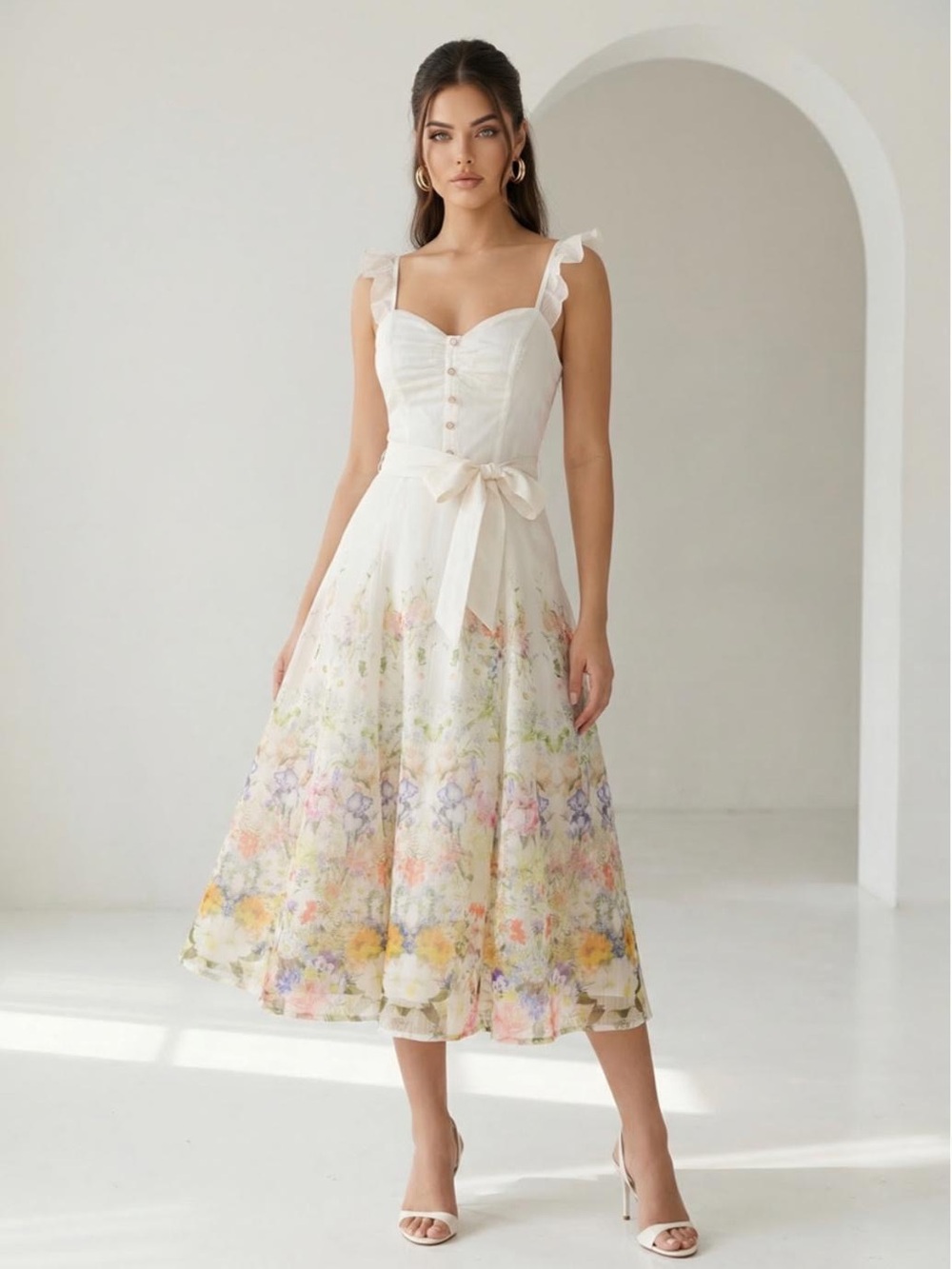 Floral Ivory Midi Dress with Bow Tie Waist